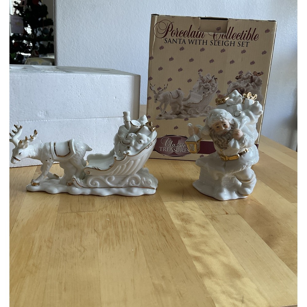 Classic Treasures Christmas Porcelain Collectible Santa Reindeer Sleigh Figurine